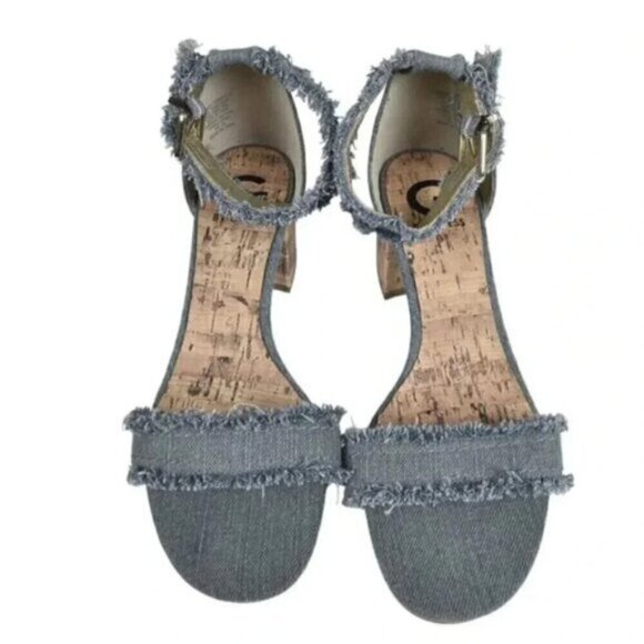 G By Guess Frayed  Denim Sandal Heel Chunky Cork Heel Open Toe Size 8.5 - Picture 15 of 16